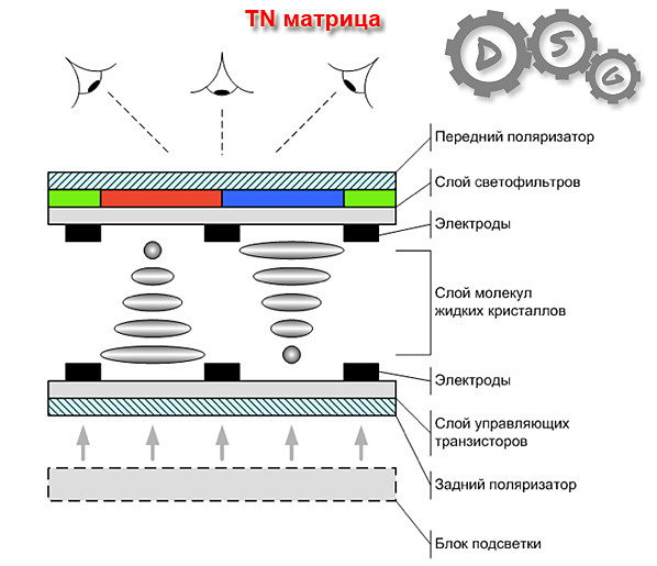 Вид матрицы изнутри применяемый в повседневной TN матрица (панель).